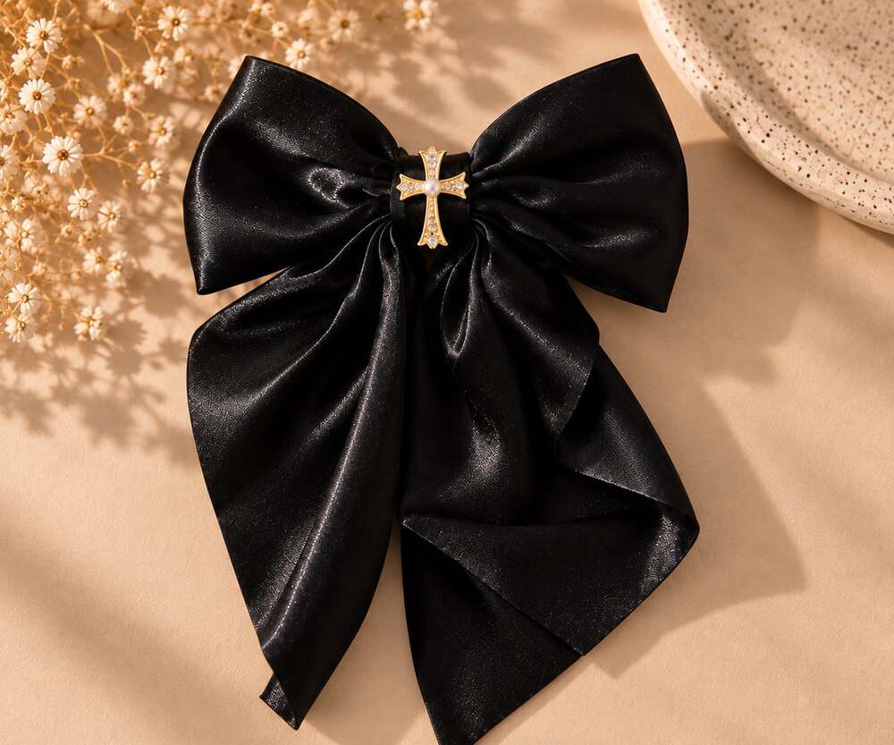 Coquette Black Satin Hair Bow Gold Cross Romantic Statement Hair Clip